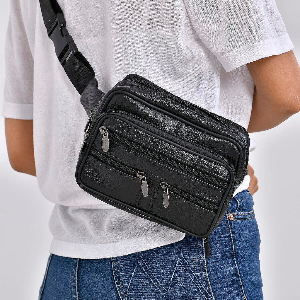 Genuine Leather Weave Waist Bag - Black