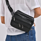 Genuine Leather Weave Waist Bag - Black