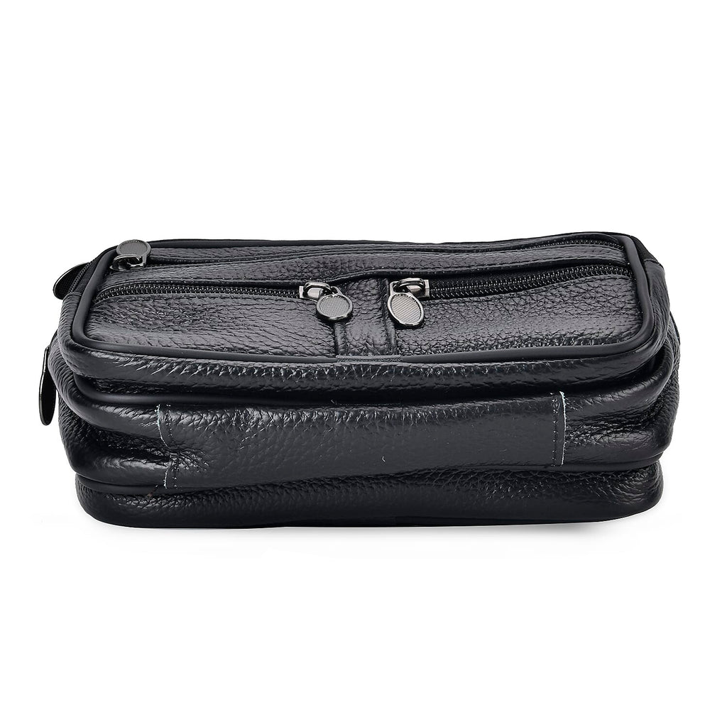 Genuine Leather Weave Waist Bag - Black