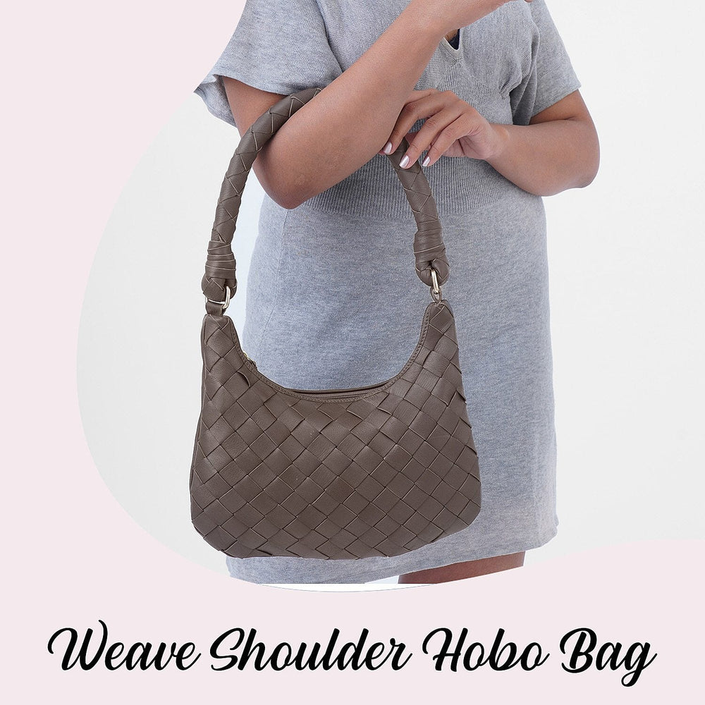 100% Genuine Leather Weaved Shoulder Hobo Bag - Dark Brown