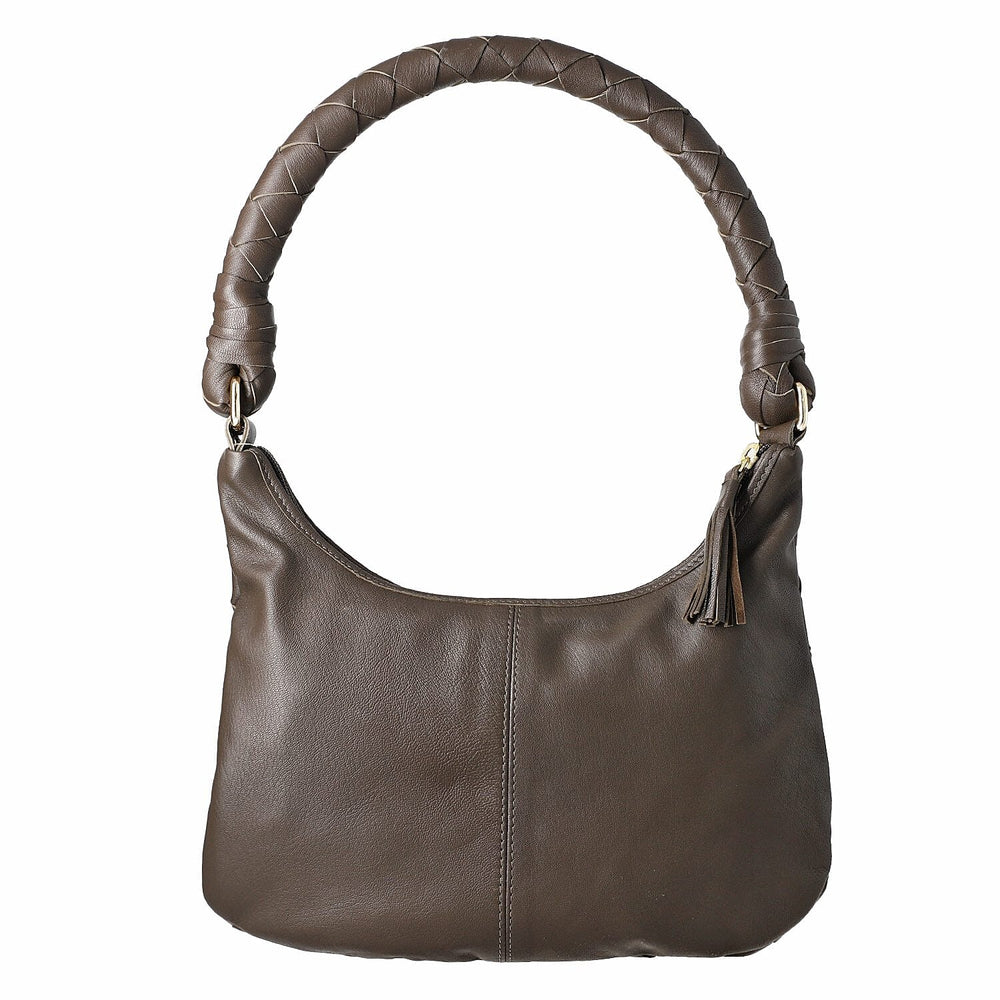 100% Genuine Leather Weaved Shoulder Hobo Bag - Dark Brown