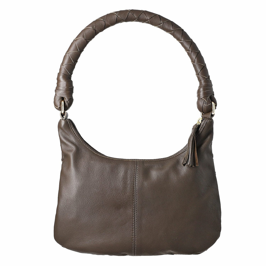 100% Genuine Leather Weaved Shoulder Hobo Bag - Dark Brown