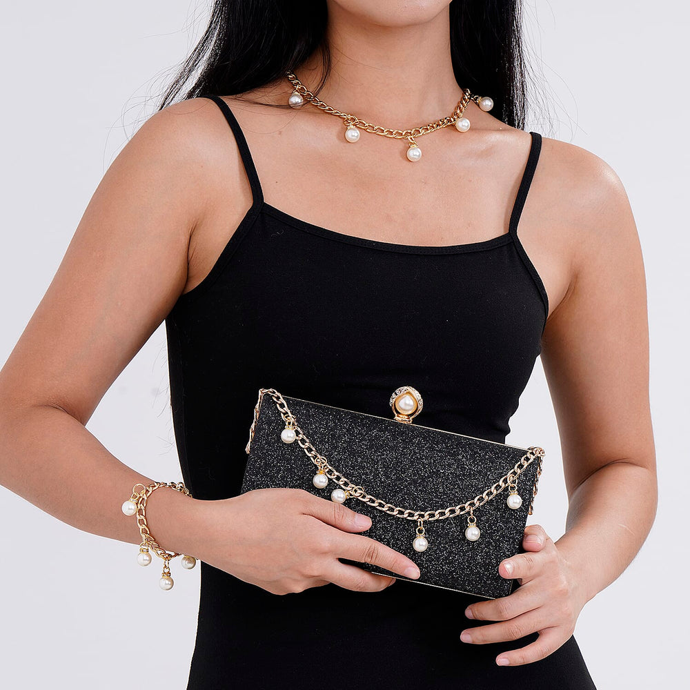 Leatherette Clutch Bag with Necklace & Bracelet (Size 22x12x4 cm) - Black