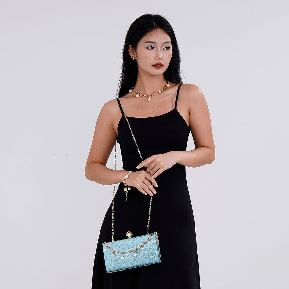 Leatherette Clutch Bag with Necklace & Bracelet (Size 22x12x4 cm) - Sky Blue