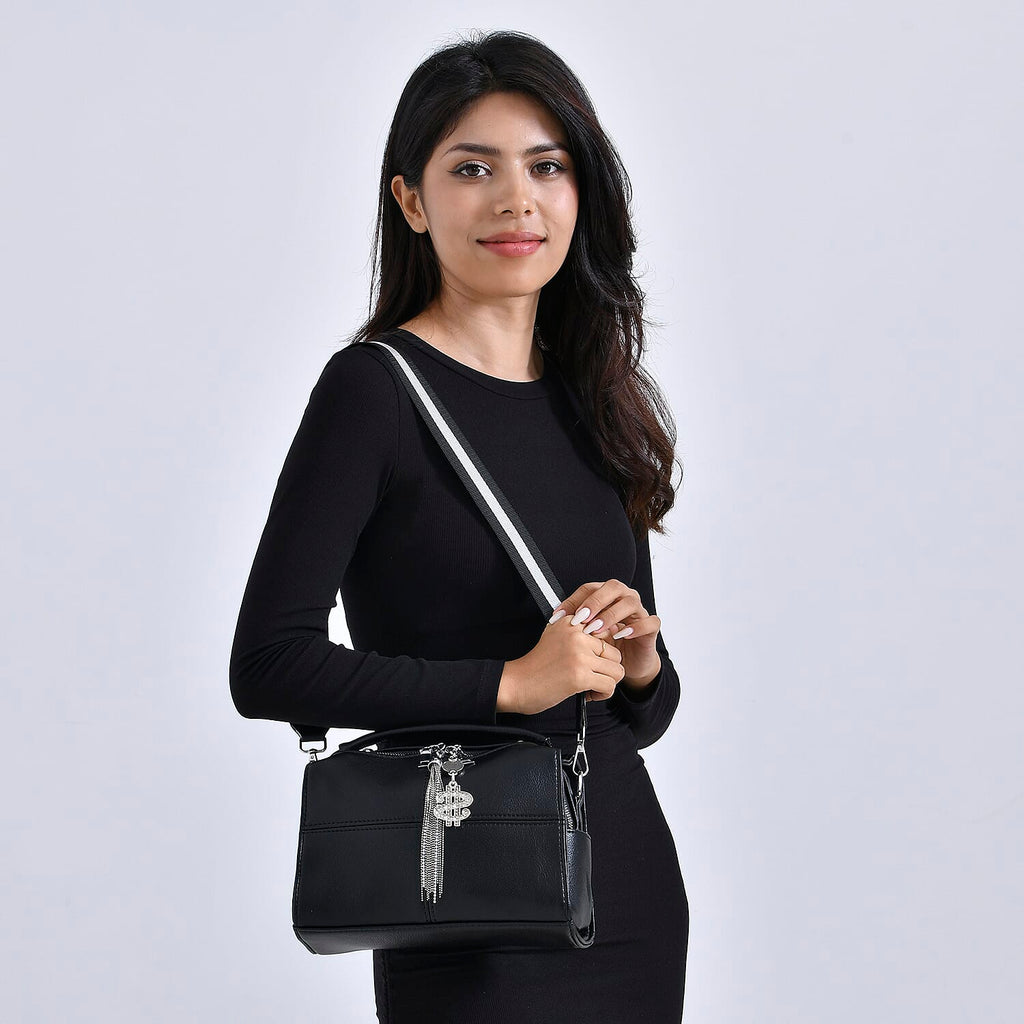 Leatherette Crossbody Bag with Tassel - Dollar Accessories - Black