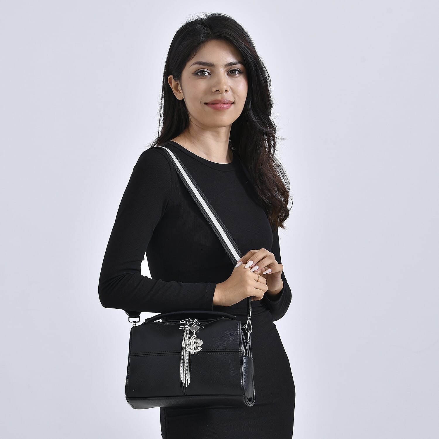 Leatherette Crossbody Bag with Tassel - Dollar Accessories - Black