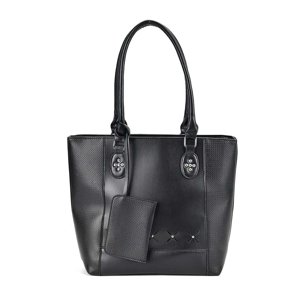 Leatherette Leaf Pattern Tote Bag with Card Holder - Black