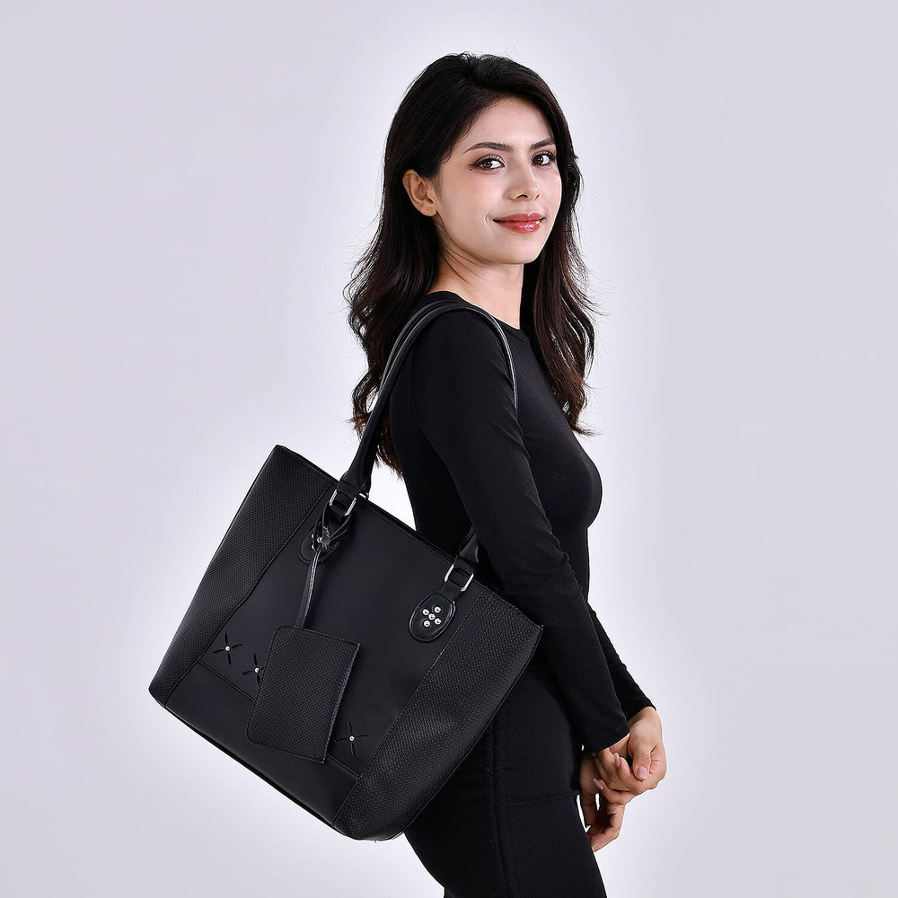 Leatherette Leaf Pattern Tote Bag with Card Holder - Black