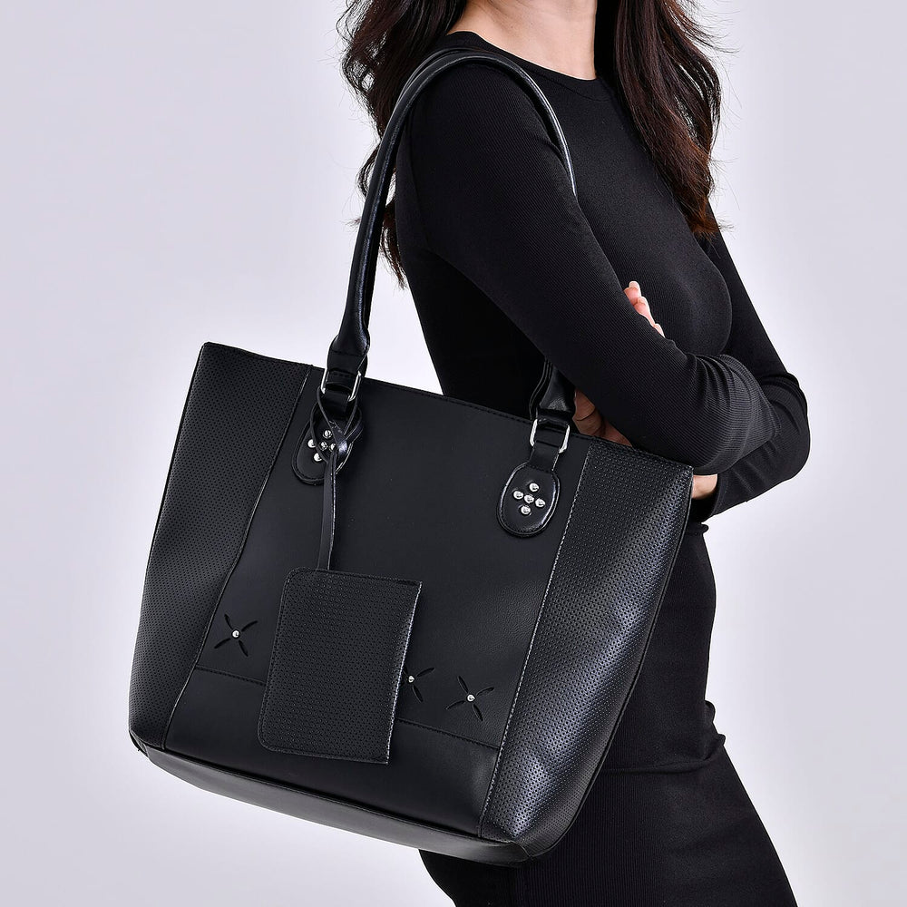 Leatherette Leaf Pattern Tote Bag with Card Holder - Black