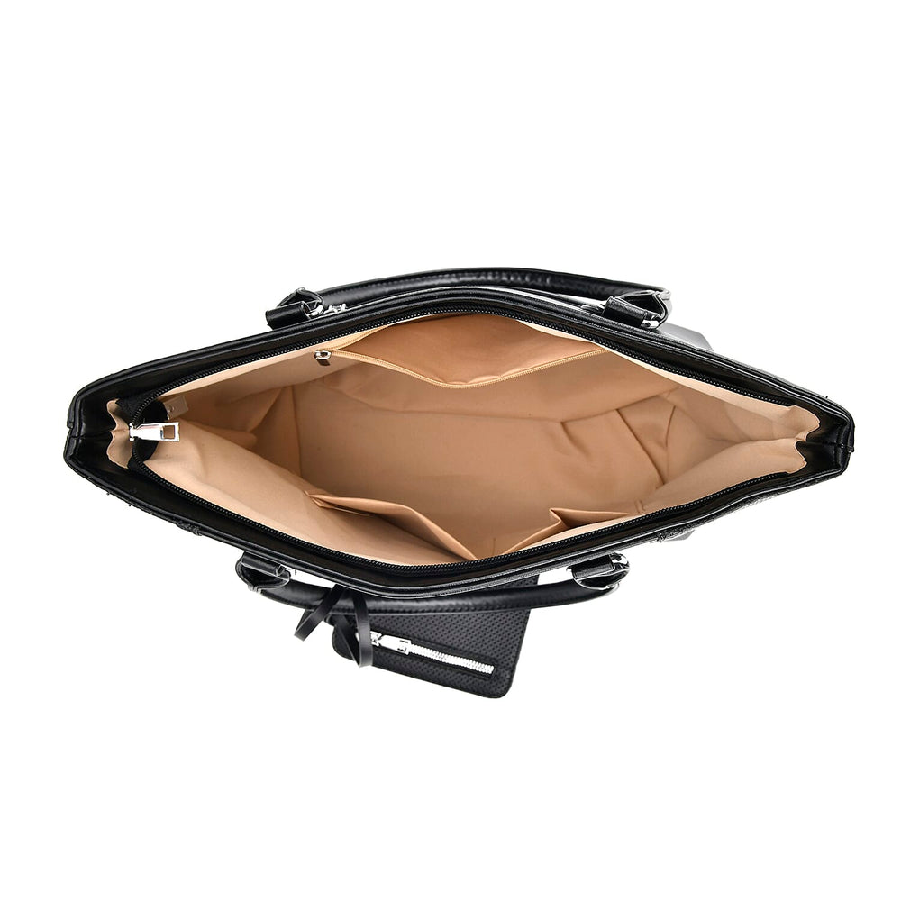 Leatherette Leaf Pattern Tote Bag with Card Holder - Black