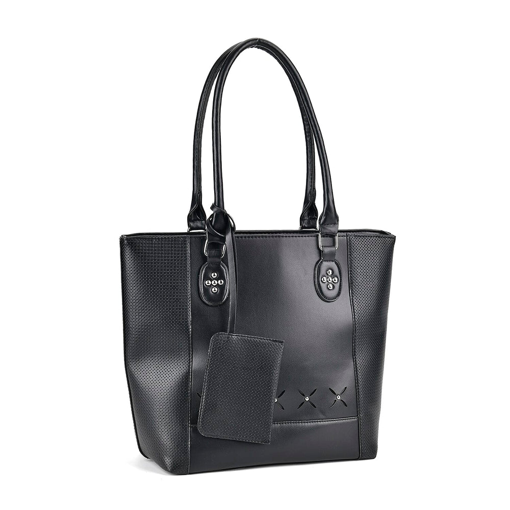 Leatherette Leaf Pattern Tote Bag with Card Holder - Black