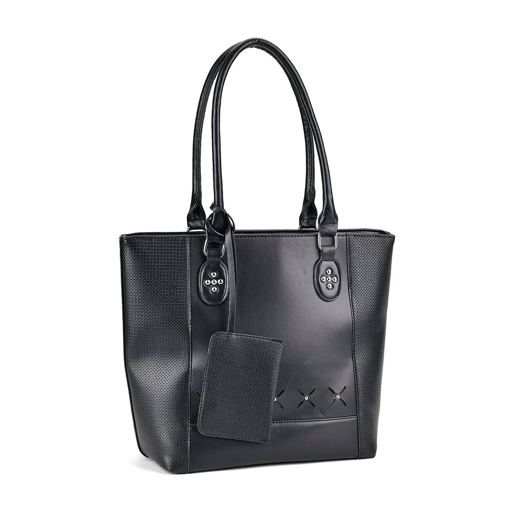 Leatherette Leaf Pattern Tote Bag with Card Holder - Black