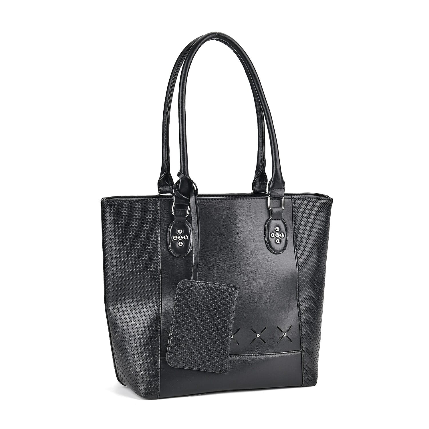 Leatherette Leaf Pattern Tote Bag with Card Holder - Black