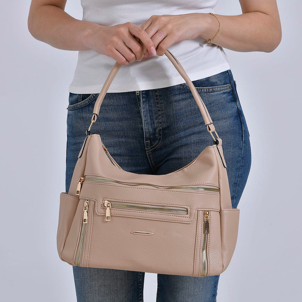 Leatherette Multipocket Crossbody Bag - Apricot