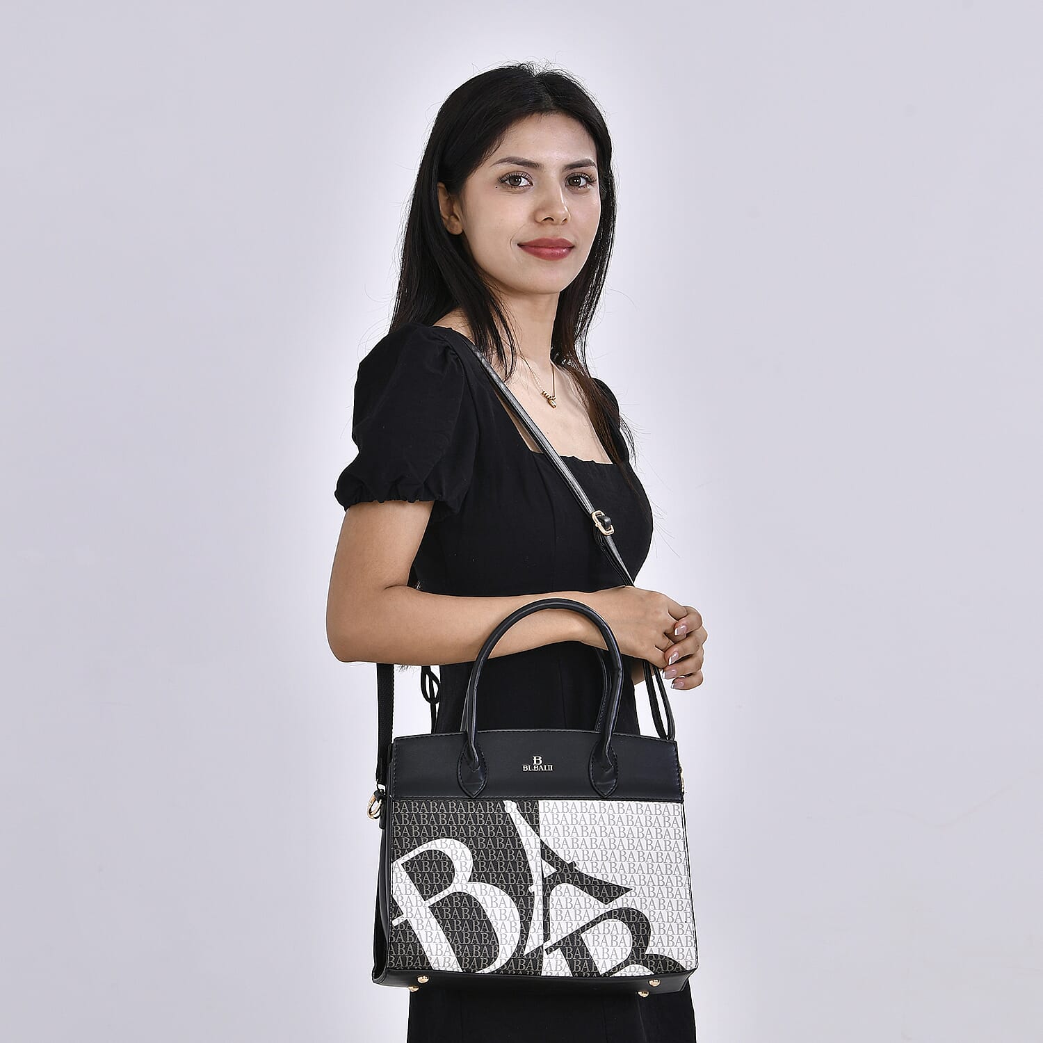 Leatherette Printed Crossbody Bag with Shoulder Strap - Handle Drop - Black