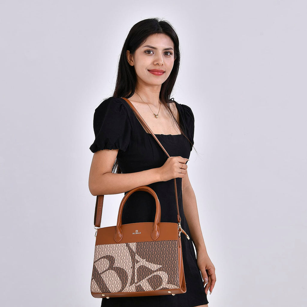 Leatherette Printed Crossbody Bag with Shoulder Strap - Handle Drop - Tan