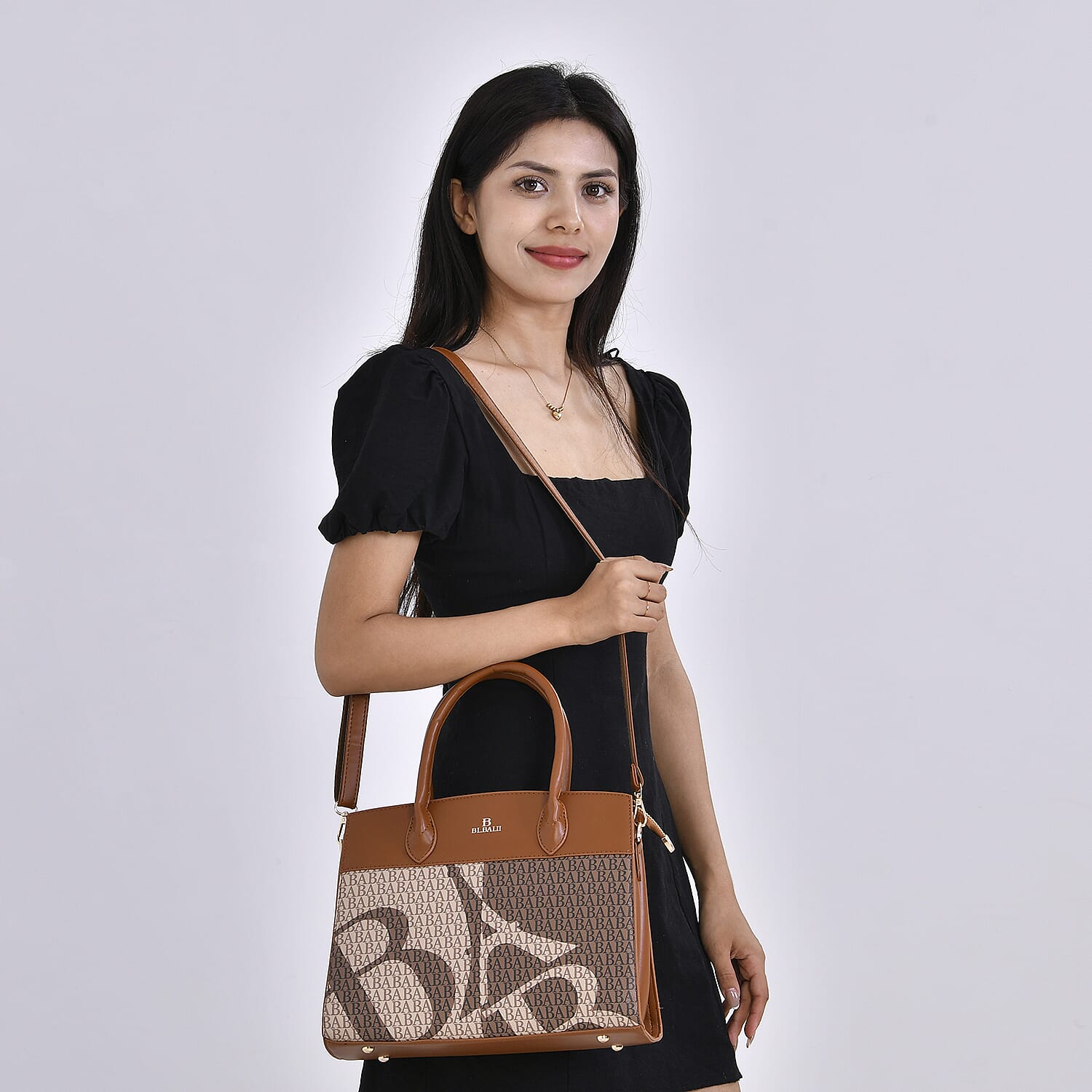 Leatherette Printed Crossbody Bag with Shoulder Strap - Handle Drop - Tan