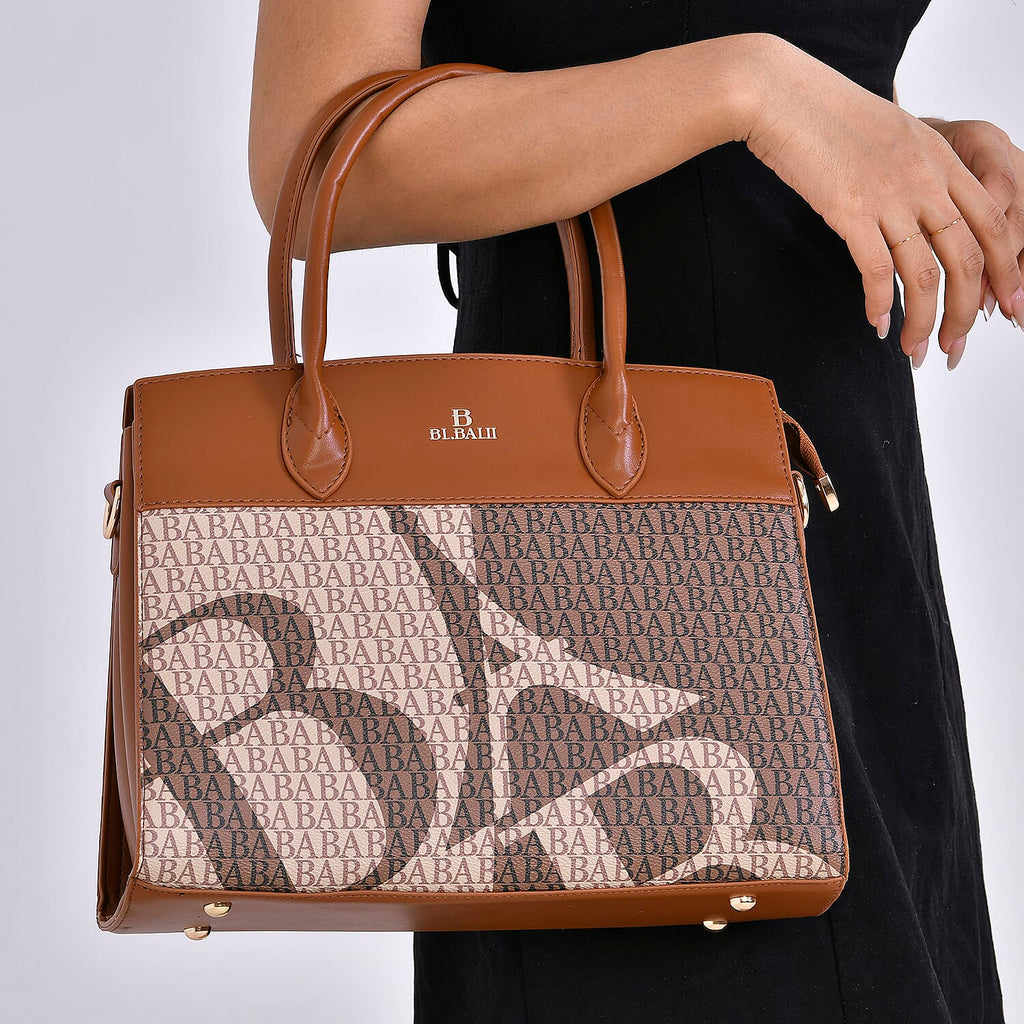 Leatherette Printed Crossbody Bag with Shoulder Strap - Handle Drop - Tan