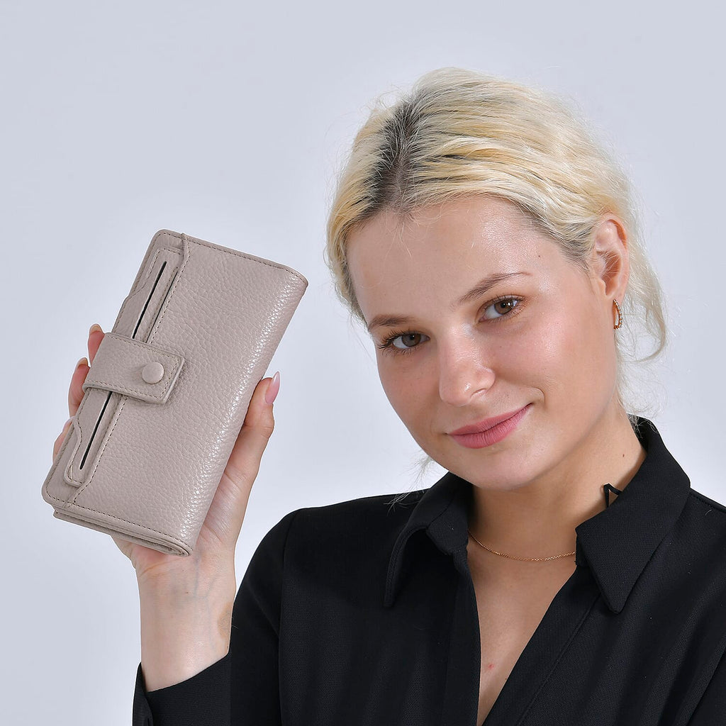 Leatherette RFID Wallet with 20 Card Slots - Beige