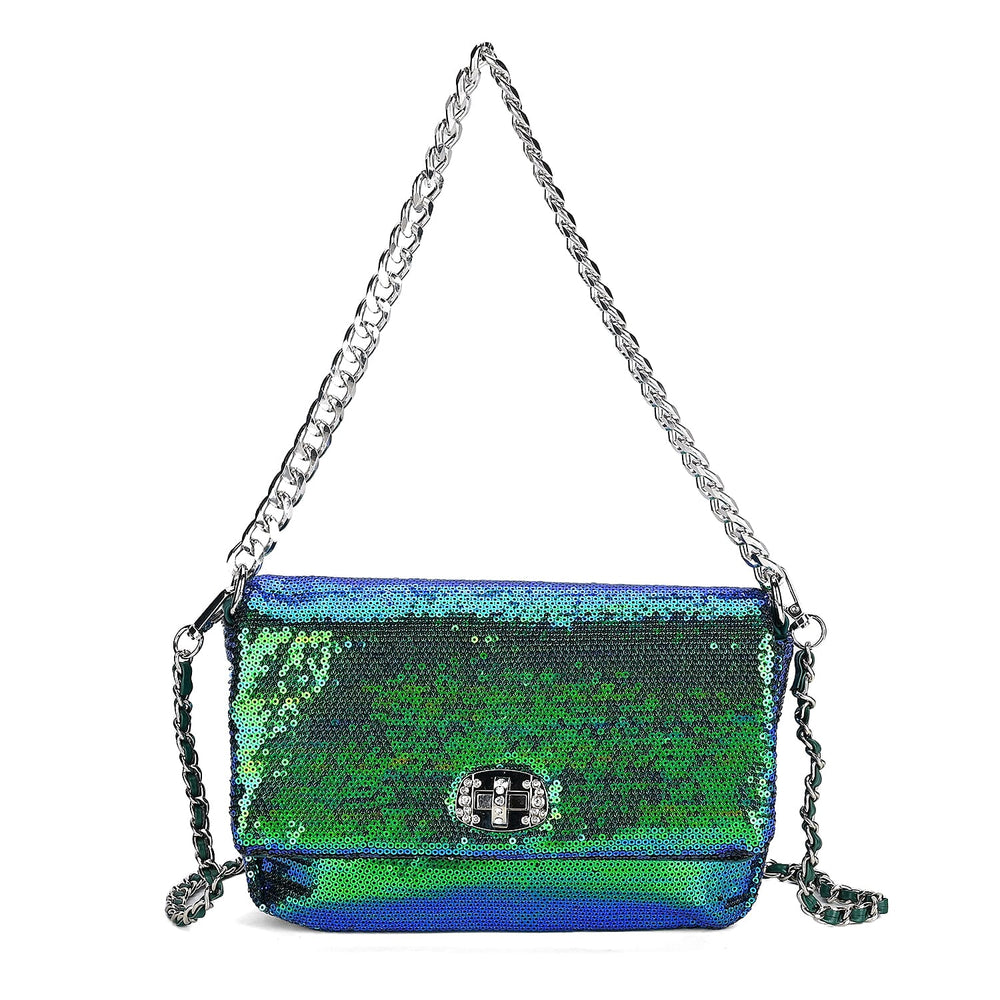 Leatherette Sequin Crossbody Bag with 2 Metal Chain - Green