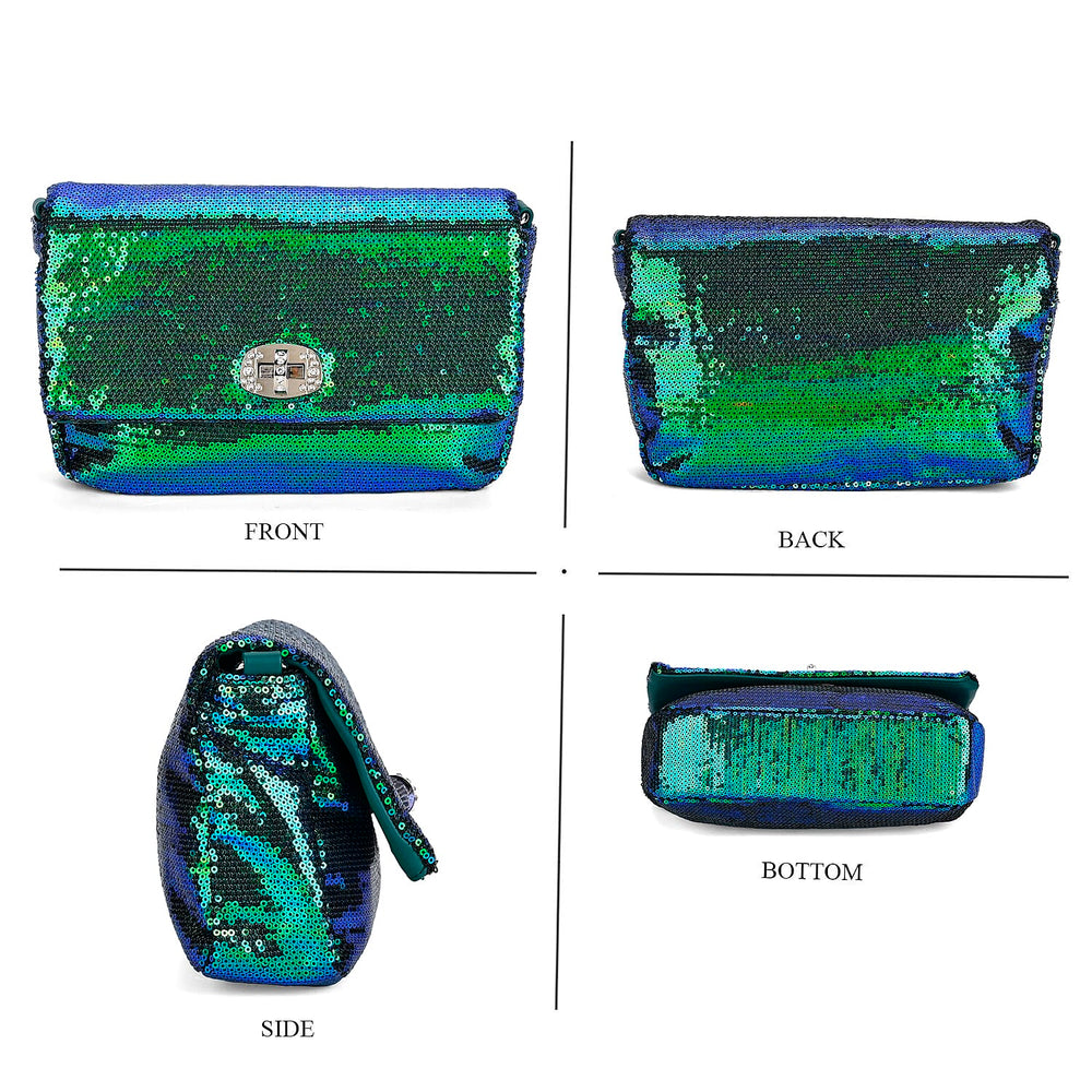 Leatherette Sequin Crossbody Bag with 2 Metal Chain - Green