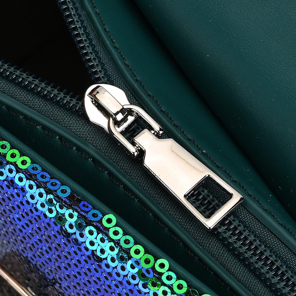 Leatherette Sequin Crossbody Bag with 2 Metal Chain - Green