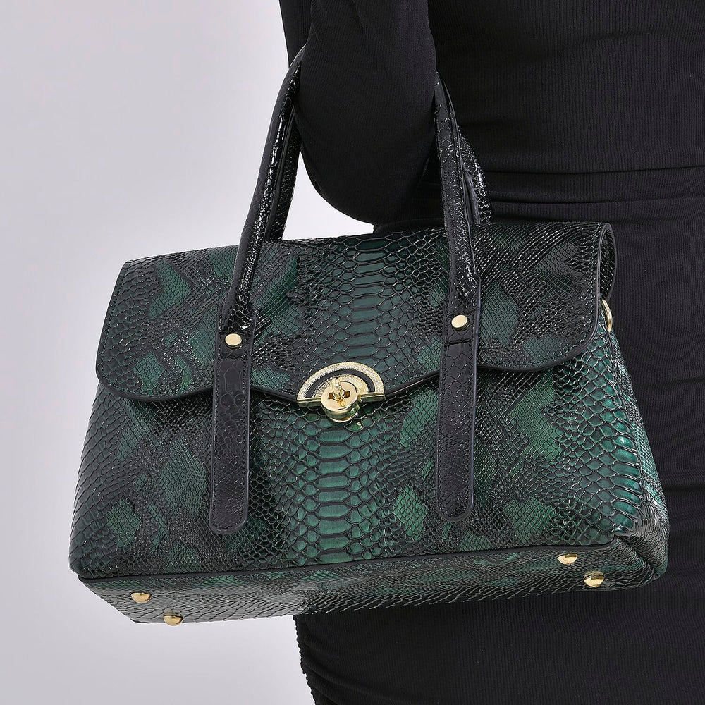 Designer Inspired- Elegant Snake-Print Embossed Satchel Handbag - Grey