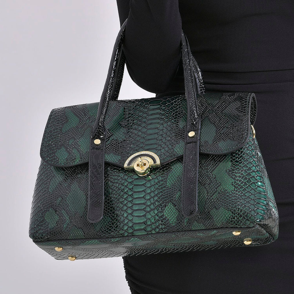 Designer Inspired- Elegant Snake-Print Embossed Satchel Handbag - Grey
