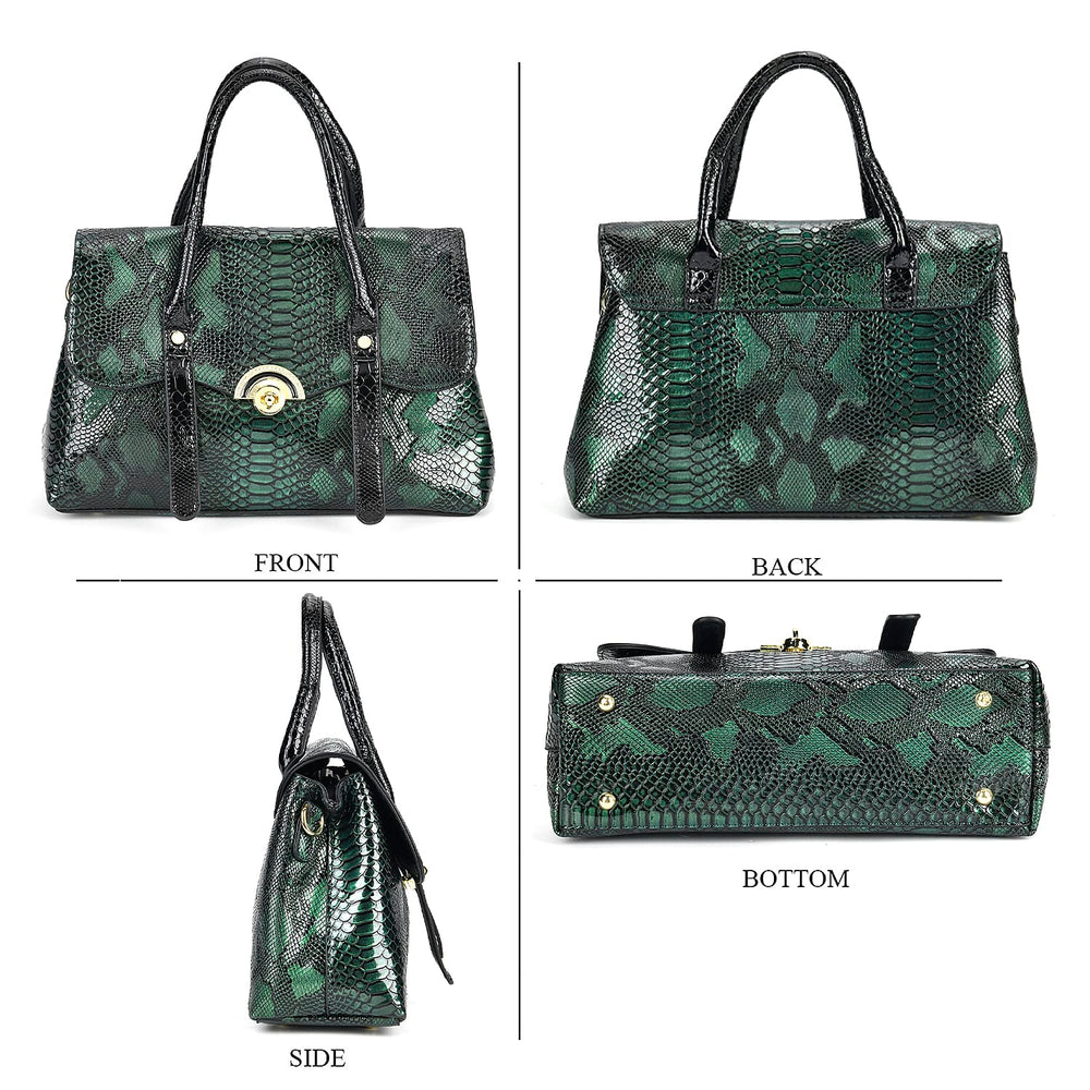 Designer Inspired- Elegant Snake-Print Embossed Satchel Handbag - Grey