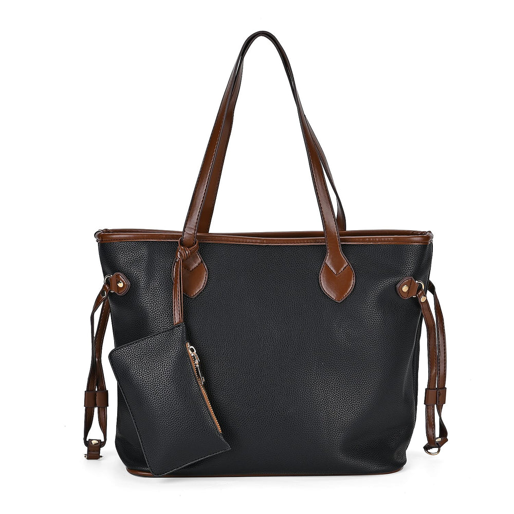Leatherette Tote Bag with Pouch - Black