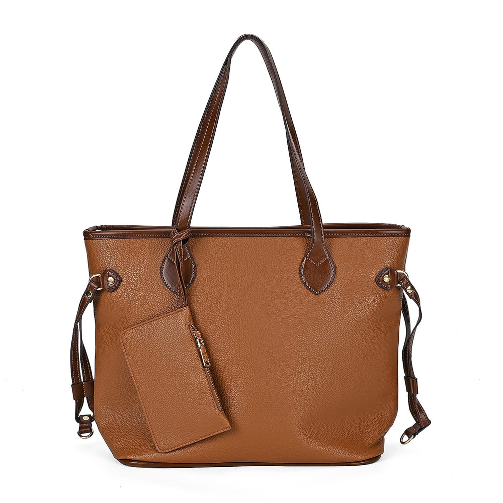 Leatherette Tote Bag with Pouch - Brown