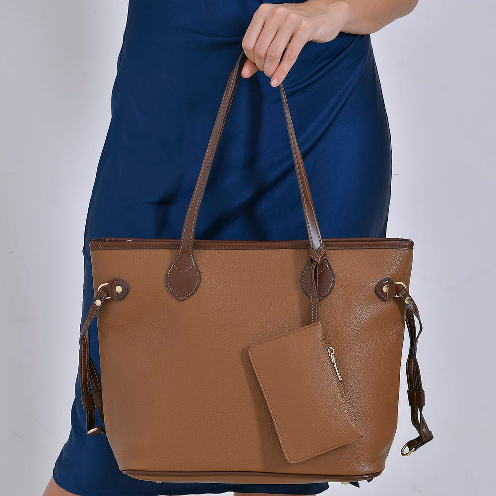 Leatherette Tote Bag with Pouch - Brown