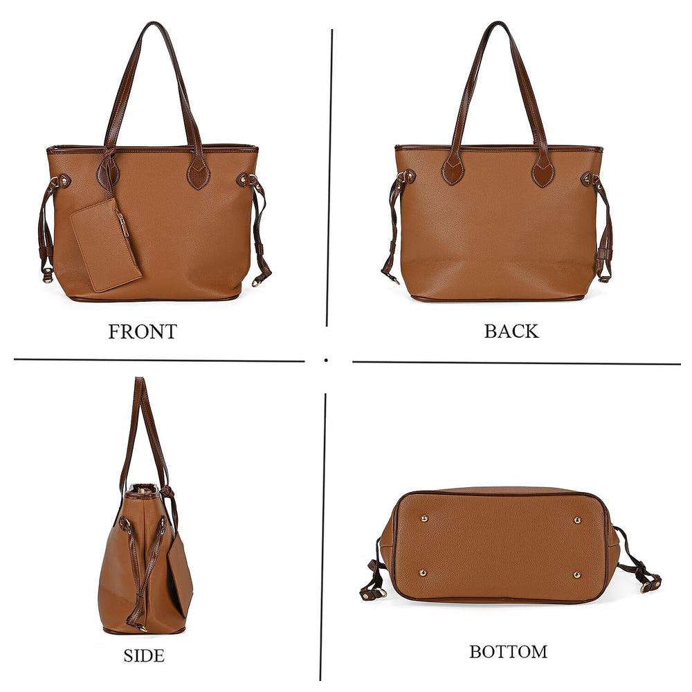 Leatherette Tote Bag with Pouch - Brown