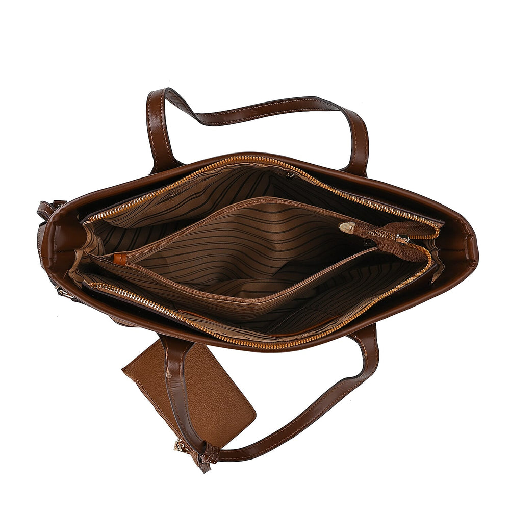 Leatherette Tote Bag with Pouch - Brown