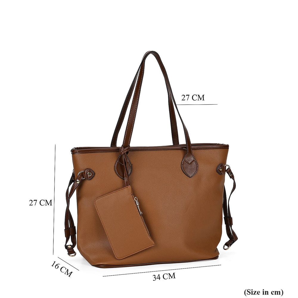 Leatherette Tote Bag with Pouch - Brown