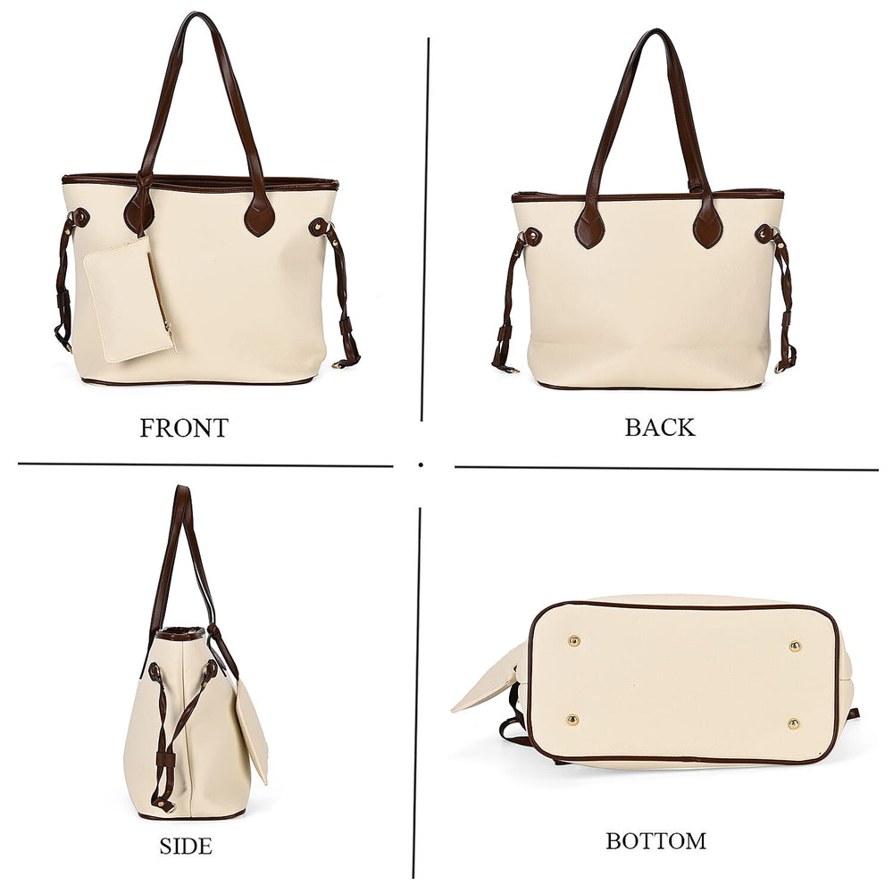 Leatherette Tote Bag with Pouch - Off White