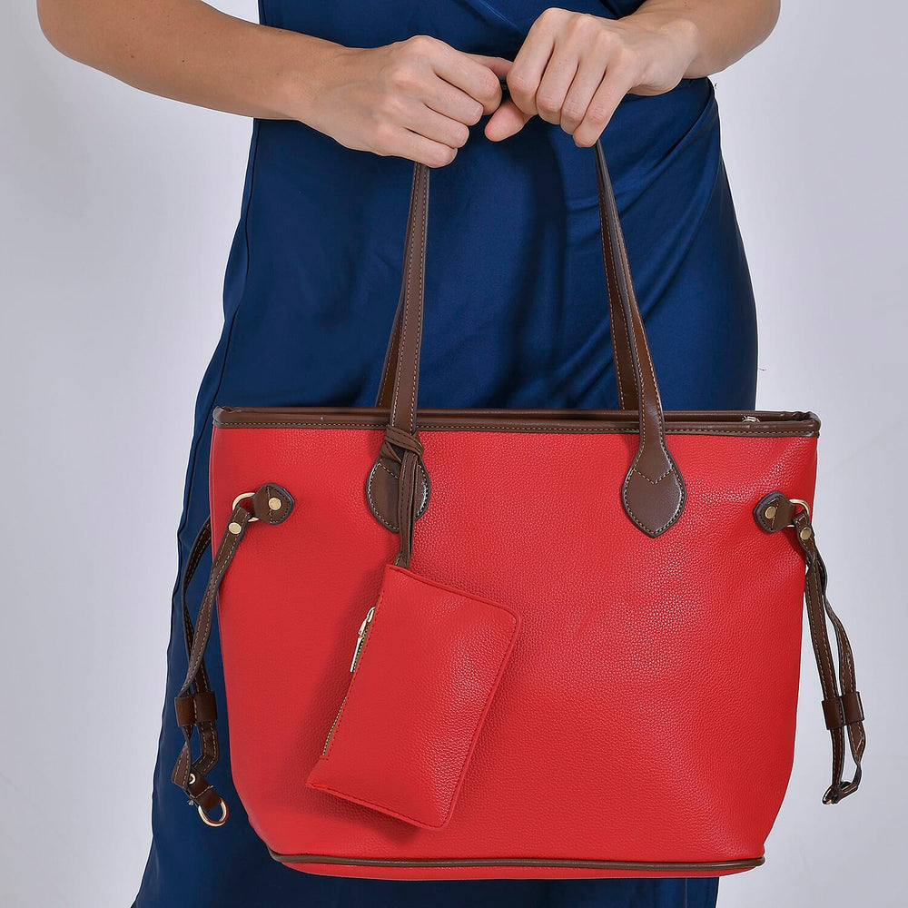 Leatherette Tote Bag with Pouch - Red