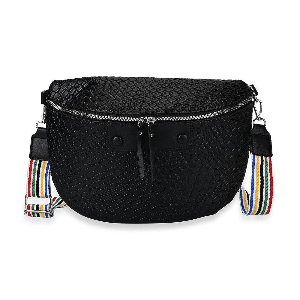 Leatherette Weave Pattern Crossbody Bag - Black