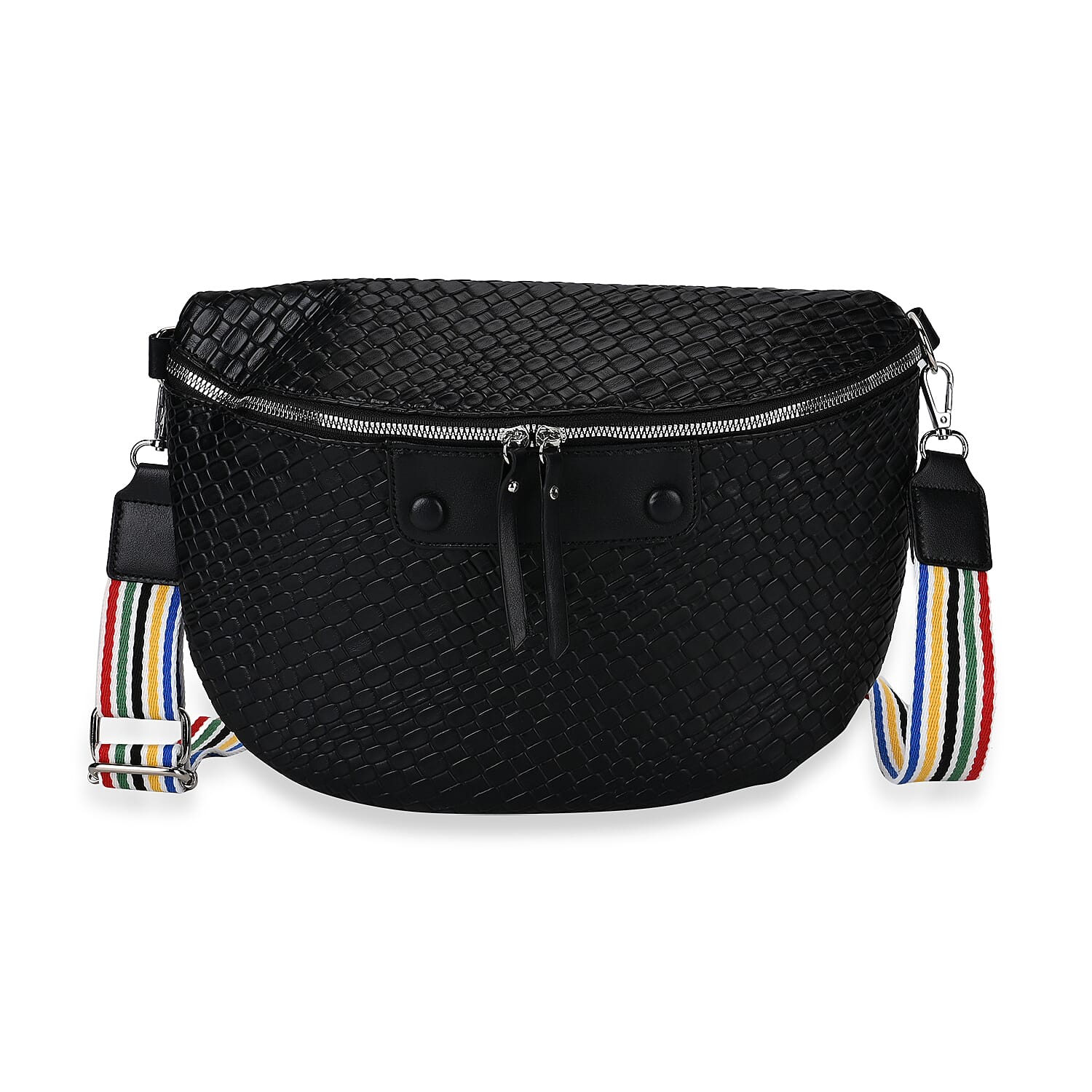 Leatherette Weave Pattern Crossbody Bag - Black