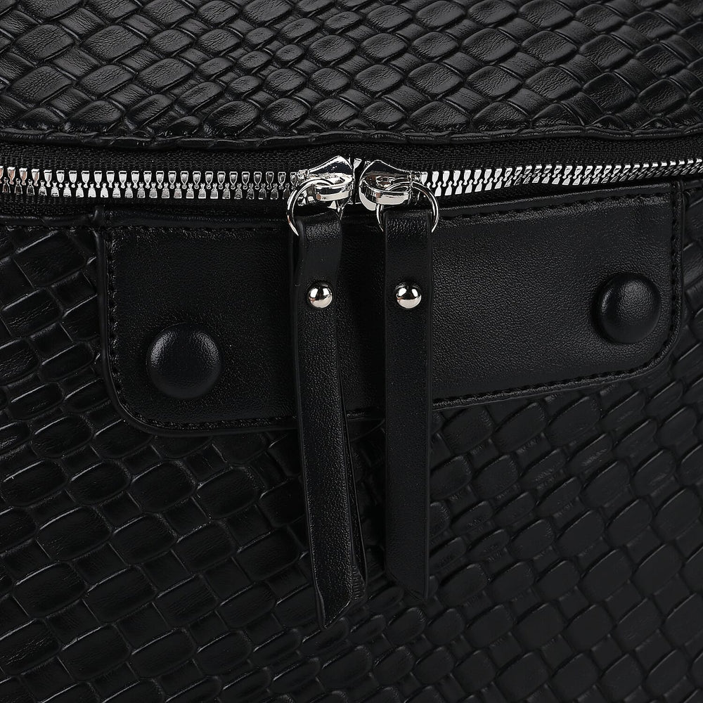 Leatherette Weave Pattern Crossbody Bag - Black