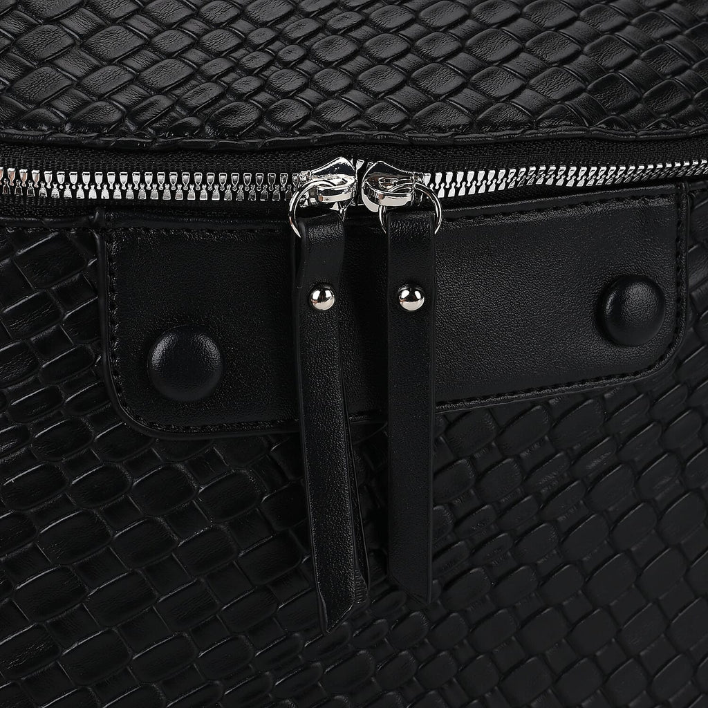 Leatherette Weave Pattern Crossbody Bag - Black