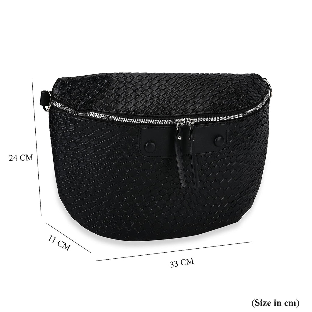 Leatherette Weave Pattern Crossbody Bag - Black