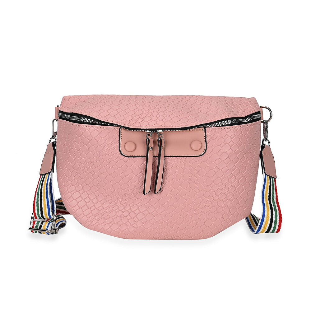 Leatherette Weave Pattern Crossbody Bag - Pink