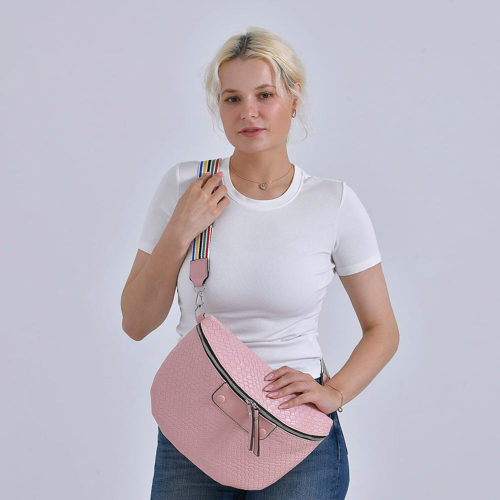 Leatherette Weave Pattern Crossbody Bag - Pink