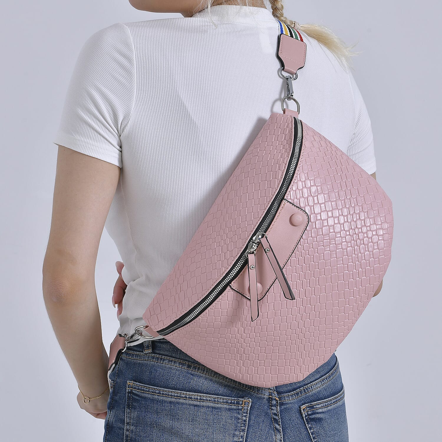 Leatherette Weave Pattern Crossbody Bag - Pink