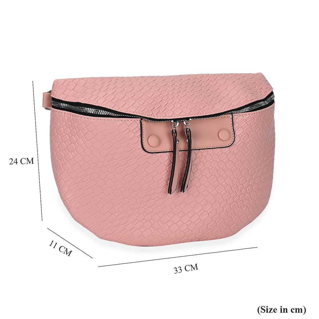 Leatherette Weave Pattern Crossbody Bag - Pink