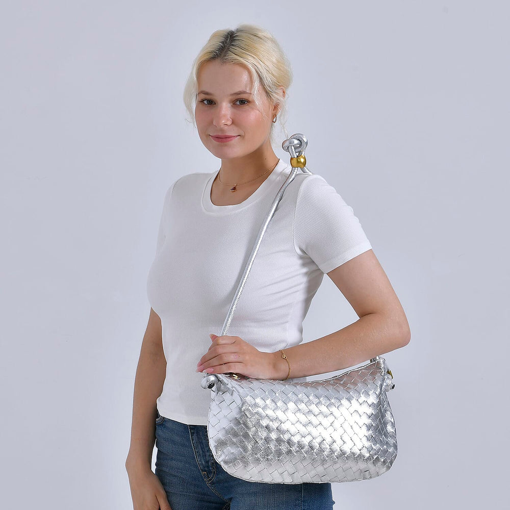 Leatherette Weave Pattern Crossbody Bag - Silver