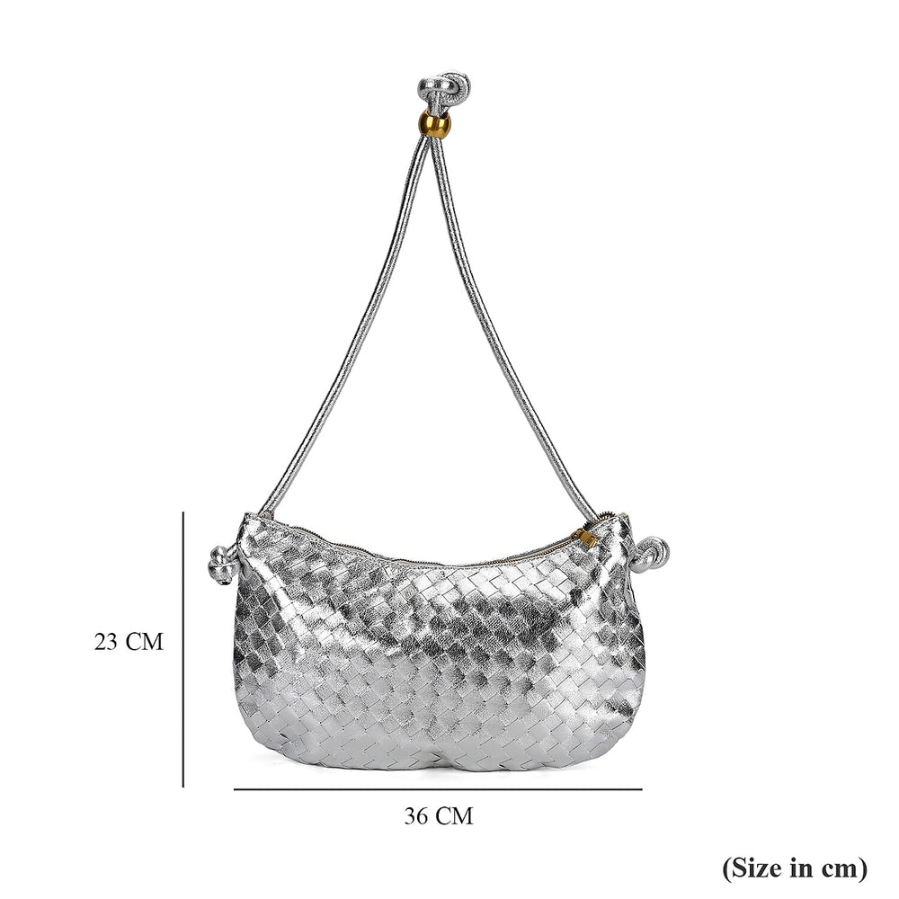 Leatherette Weave Pattern Crossbody Bag - Silver