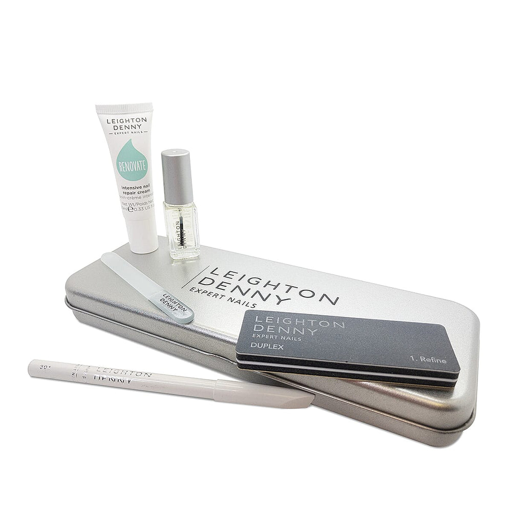 Leighton Denny- Nail Class Collection (Incl. lRenovate Nail Treatment with Duplex Buffer, White Pencil Hoof Stick, Travel Crystal Nail File, Slick Tips Nail - Cuticle Oil - 4.6ml)