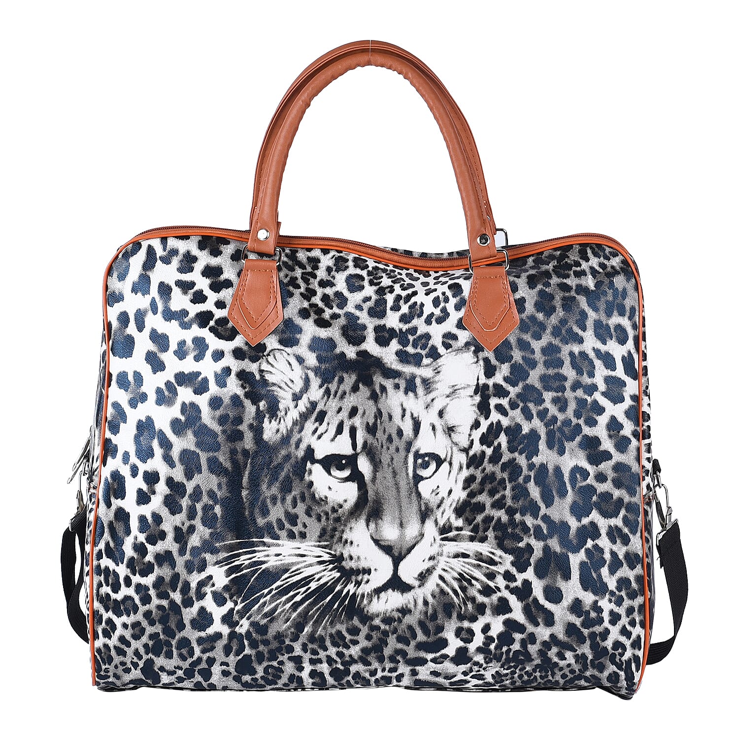 Leopard Pattern Tote Bag with Handle Drop & Detachable Shoulder Strap - Black and Off White